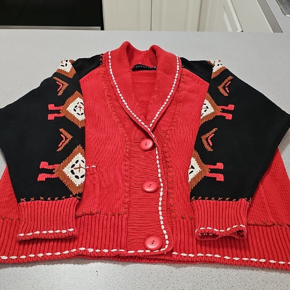 Aztec Southwestern Cardegan Red and Black Women's Sweater. Meduim. Pockets